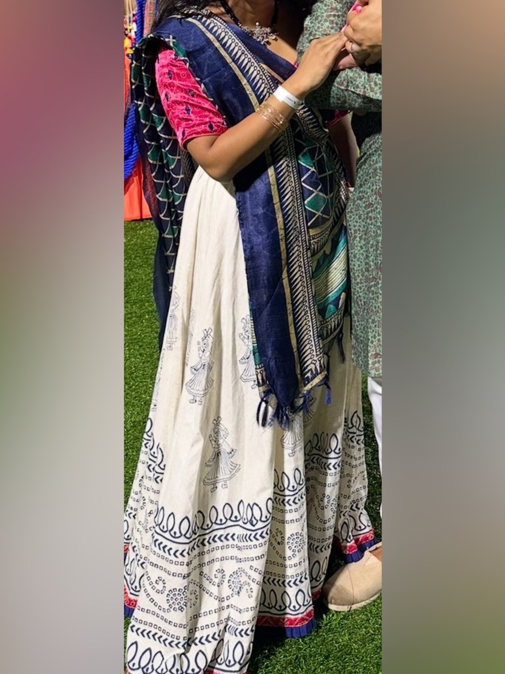 White & Navy Printed Lehenga Maxi with Navy Dupatta and pink Bandhani blouse